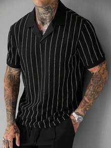 SLATEMANN Men's Summer Casual Striped Short Sleeve Polo Shirt - Black - View 3