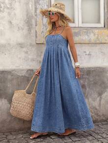 Brillora Damen Lässig Boho Urlaubs Spaghetti-Träger Denim Kleid Herbstkleidung Schulanfang Strandoutfits Land Hellblau - Mittele Waschung - Übersicht 7