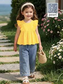 Genkimix Kids 2pcs/Set Cute Casual Ruffle Sleeveless Blouse And Fashion Studded Denim Pants Outfit Young Girls - Yellow - View 10