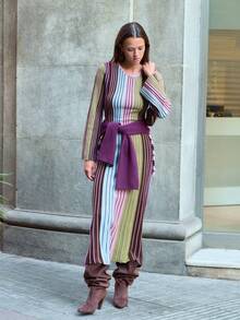 Nöista Multicolor Ribbed Knit Long Dress, Crew Neck, Long Sleeves, Elegant, Casual Chic. Office, Dinner Date, Weekned,  Fall, Autumn, Winter Outfit.. - Multicolor - View 5