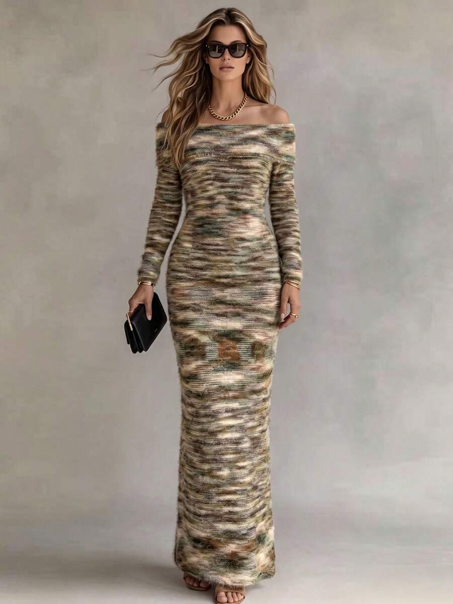 Franclia Women's Dark Green Elegant Autumn Brunch Long Sleeve Knitted Sweater Dress,Large Lapel One-Shoulder Sunset Blended Yarn Slim Party Wedding Guest Dress - Multicolor - View 1