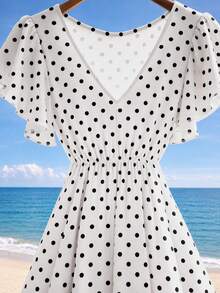 GlowEve CURVE Plus Size V-Neck Ruffle Sleeve Polka Dot Dress - White - View 3