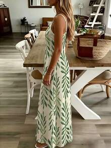 Selamara Retro Plant Leaf Print V-Neck Slip Dress, Loose Hip-Covering Long Vest Dress For Beach Vacation - Multicolor - View 3