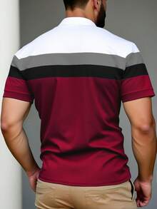 Manfinity Homme Men's Plus Size Colorblock Patchwork Short Sleeve Polo Shirt - Burgundy - View 2