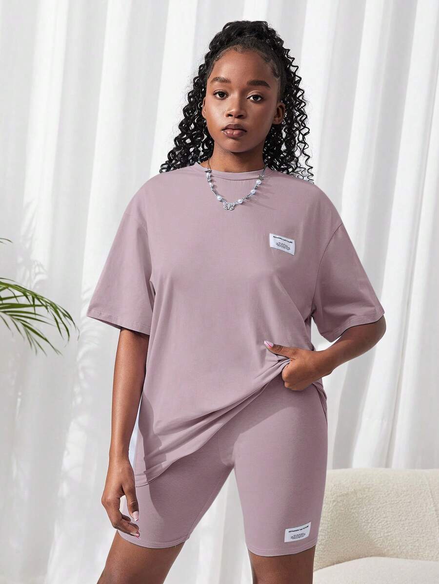 SHEIN 青少年女孩針織純色Logo T恤與短褲2件套 綠色 - 藕粉色 - 查看 1