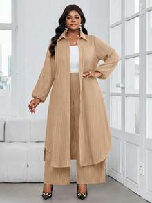 SHEIN Lady 秋冬休閒優雅上班早午餐正式風棕色編織襯衫領主教袖口袋長袖大尺碼套裝 - 卡其色 - 查看 5
