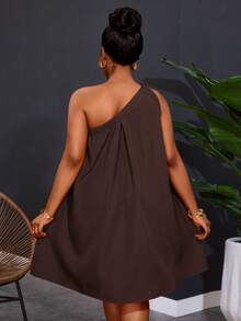 Slaydiva Plus Size Women's One Shoulder Sleeveless Solid Color Wide Leg Dress - Rust Brown - View 2