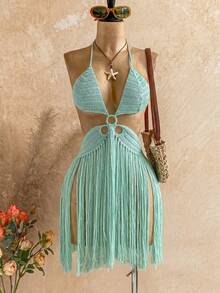 Soleia Women's Solid Color Tassel Design Sexy Boho Knit Halter Neck Dress Beach Vacation Sage Green Autumn - Mint Green - View 7