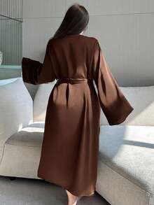 Dazy Plus Solid Color Satin Contrast Lace Sexy Loose Tie-Front Plus Size Women's Spring/Autumn Loungewear Robe - Brown - View 2