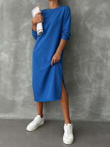 EURMUSE Women's Solid Color Side Slit Sweatshirt Skirt - Blue - View 3