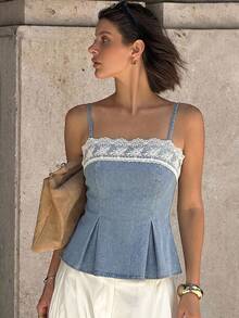 SHEIN EZwear Women's Contrast Lace Pleated Hem Fashion Camisole Denim Top Fall Elegant Top Social Cowgirl For Women Country Concert - Medium Wash - View 5