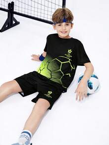 SHEIN Young Boy Casual Football Print Round Neck Short Sleeve T-Shirt And Shorts Sports Set - Green - View 7