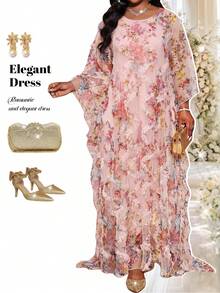 Fleurora Plus Size Women's Floral Print Ruffle Hem Loose Elegant Ninang Dress Wedding Pink Floral Summer - Pink - View 5