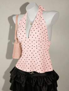SHEIN ICON 女款夏季性感波點印花露背掛脖上衣 - 淺粉色 - 查看 7
