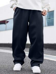Manfinity Hypemode Plus Size Men's Solid Color Pocket Wide Leg Loose Casual Sweatpants - Navy Blue - View 3