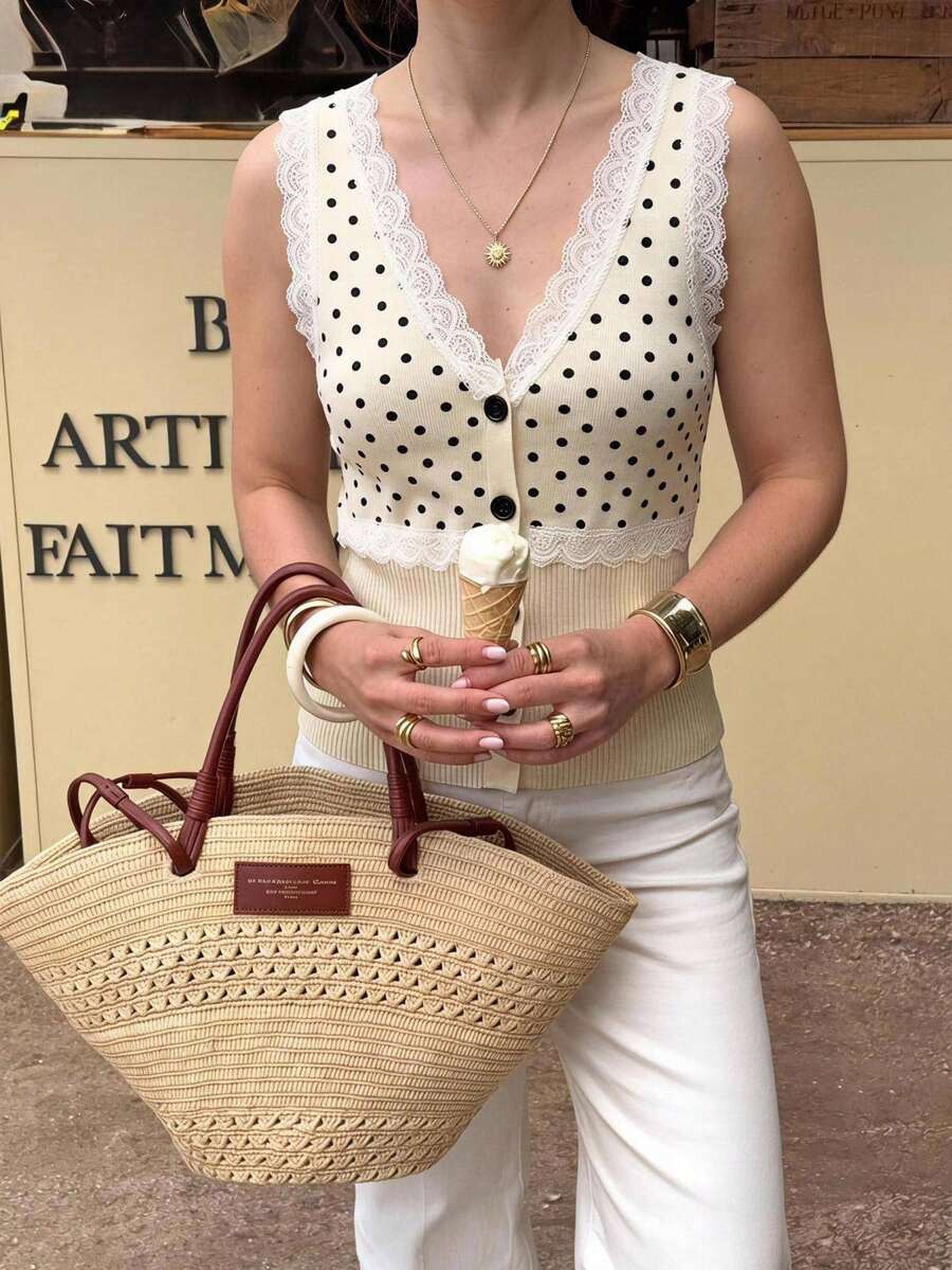 SHEIN Frenchy 女款黑白波點印花鈕扣蕾絲拼接法式優雅針織背心，適合早午餐、花園派對、雞尾酒會，夏季穿搭