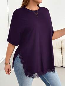 Shapeblank Plus Size Women's Solid Color Round Neck Dropped Shoulder Sleeve Contrast Lace Side Slit Hem Casual T-Shirt - Purple - View 4