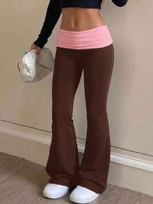 SHEIN Teen Girl Colorblock Folded Waist Flare Pants - Brown - View 4