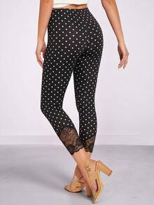 Amorya Women's Polka Dot Print Contrast Lace Fashion 3/4 Length Leggings - Black - View 2