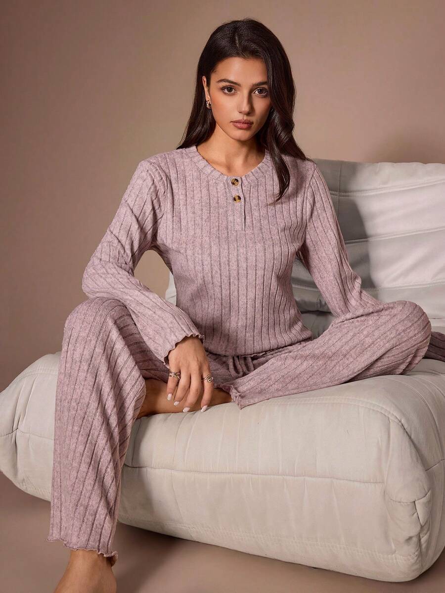 Lazeform Soft Ribbed Knit Long Sleeve Pajama Set, Slouchy Home Casual 2 Pieces Set - Pink - View 1