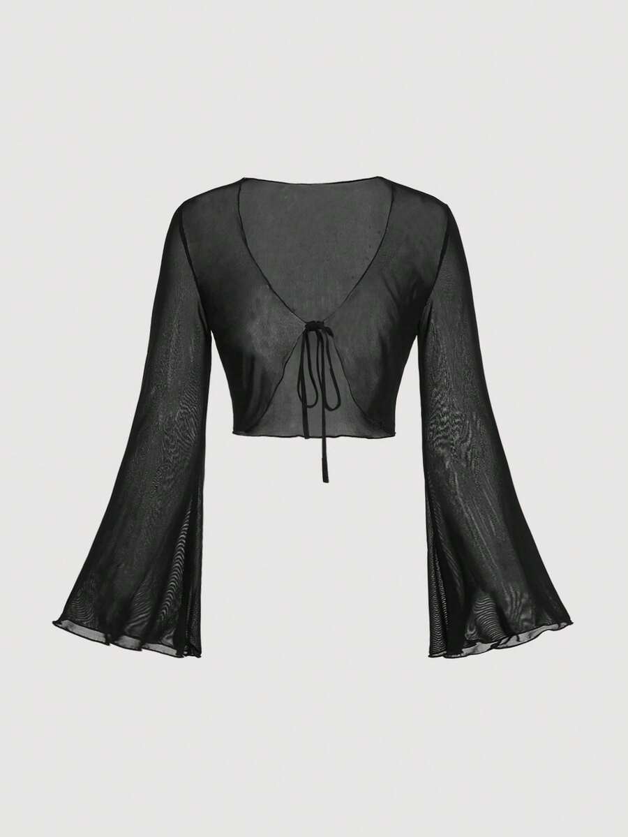 SHEIN MOD V领系带喇叭袖百搭上衣,适合乡村、海滩度假、下午茶、优雅场合、舞会、情人节、夜店、背心、嘉年华服装等多种场合,长袖设计,春夏百搭,波西米亚风、西部风,派对上衣,约会之夜等各种场合。 - 黑色 - 查看 1