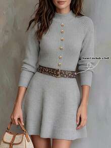 Balvessa Women's Half-High Neck Gold Button Front Raglan Long Sleeve Waist-Cinching A-Line Sweater Dress - Dark Grey - View 1