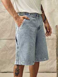 Vintage Light Blue Washed Denim Oversize Casual Cargo Shorts, Distressed Hem, Street Style - Light Wash - View 8