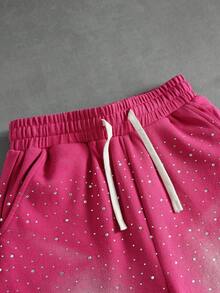 ROMWE MEN Street Life Shorts de calle para adolescente con cintura de cordón, bolsillos y pedrería - Rosa - Ver 3