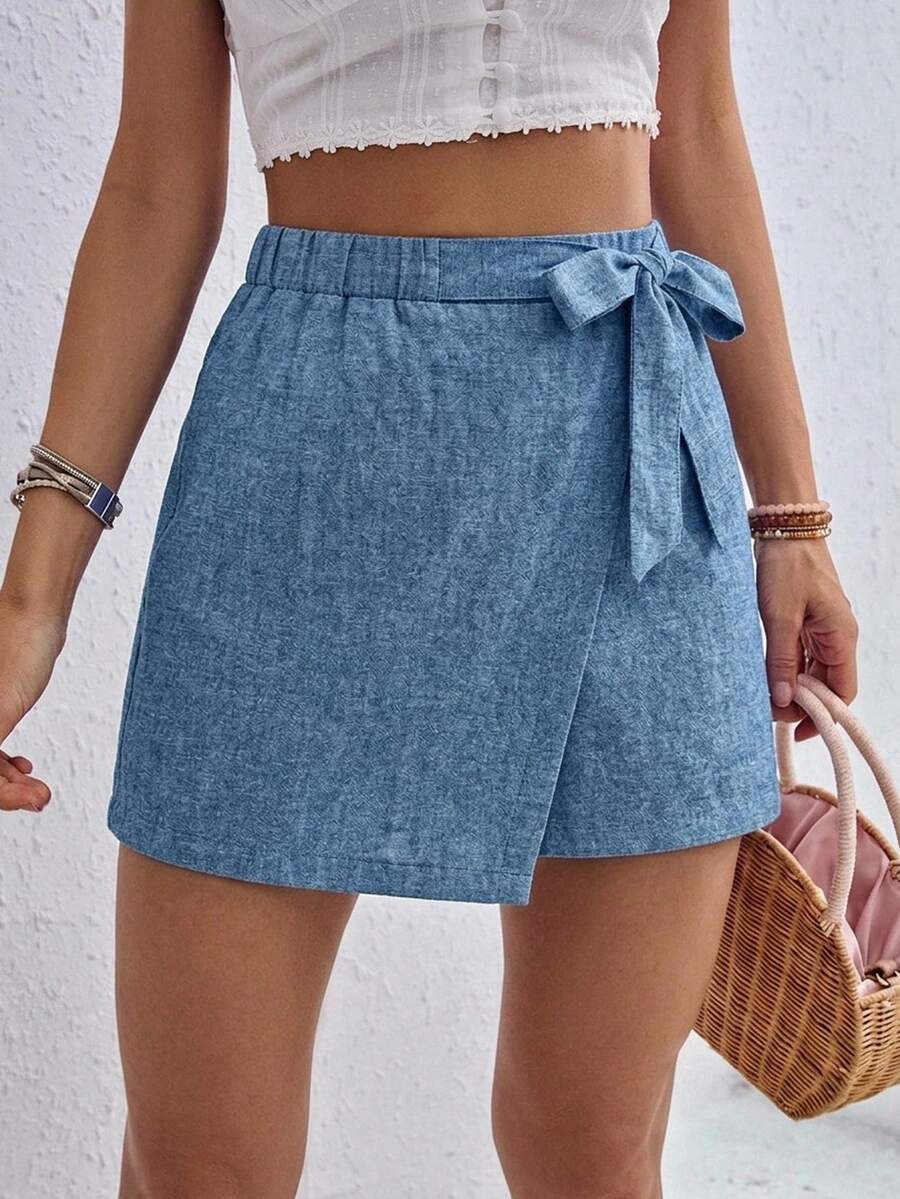 SHEIN Frenchy 女款純色側腰結不對稱下擺裙褲,適合日常通勤、約會、聚會、派對、婚禮、海灘、畢業典禮 - 彩色 - 查看 1