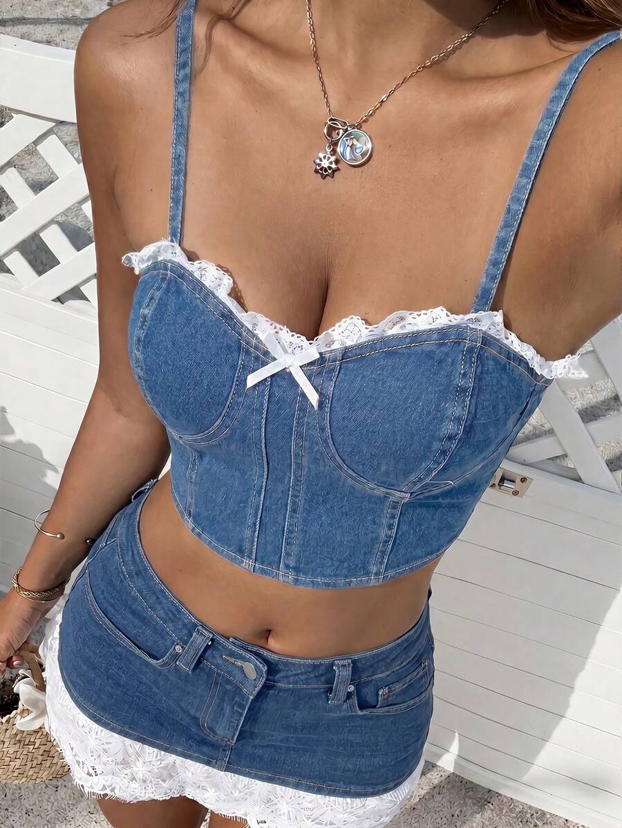 Rivivi Women's Fashion Lace Patchwork Bow Decor Cropped Denim Camisole - Medium Wash - View 1