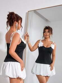 Elenzga 女款V領重裝飾法式3D花卉裝飾無袖夏季大尺碼短版泡泡袖洋裝 - 彩色 - 查看 3