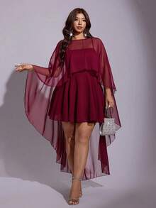 Viva Relle Plus Size Women Solid Color Spaghetti Strap Dress And Mesh Cover-Up Top Fashion Set - Burgundy - View 2