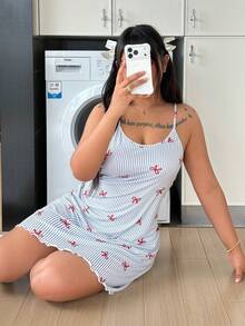 ZzzCrew Plus Size Bowknot White Print Knit Camisole Nightgown Summer - Multicolor - View 6