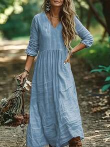 Holdful Holdful Damen Frühling/Herbst Lässig Alltag Bequem V-Ausschnitt Mittellange Ärmel Locker Blaues Kleid - Blau - Übersicht 6