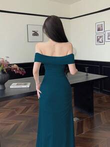 Modelyn 女款網紗露肩抓皺腰身優雅婚禮約會洋裝 - 薄荷藍 - 查看 2