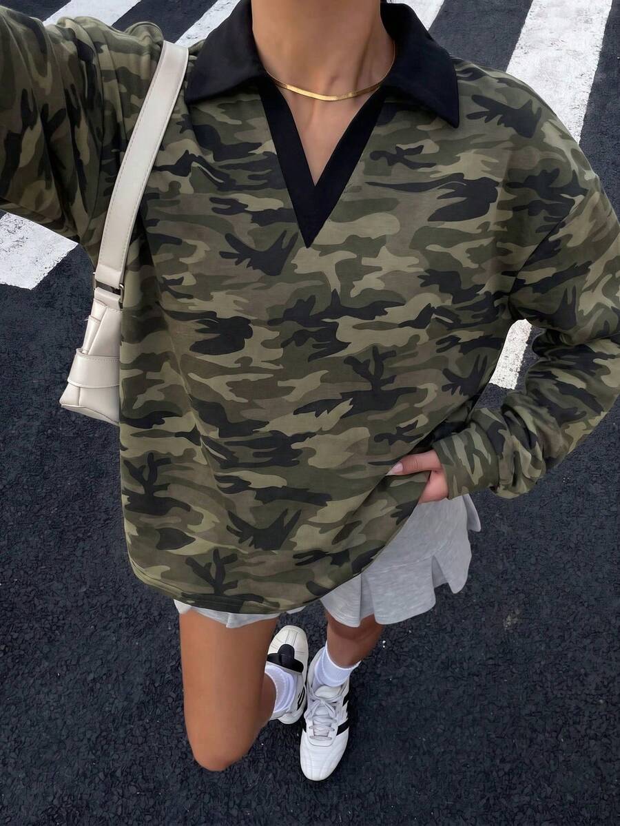 Muchica 休閒街頭風女款黑色對比色 Polo 領長袖綠色迷彩滿版印花寬鬆衛衣,適合秋冬 - 彩色 - 查看 1