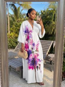 SHEIN Lady CURVE 大尺碼優雅花卉印花度假洋裝，適合度假、婚禮、婚禮賓客，白色花卉，秋季款 - 紫色 - 查看 3