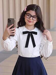 SHEIN 少女上學季日常休閒校園襯衫，白色梭織素色對比領對比蝴蝶結長袖襯衫 - 白色 - 查看 10