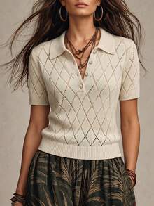SHEIN New Spring Summer Vintage Preppy Diamond Pattern Knit Polo Women Lapel Collar Half Button Short Sleeve - Apricot - View 4
