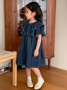 Dazy Kids 女童夏季休閒荷葉邊牛仔洋裝 - 藍色 - 查看 5
