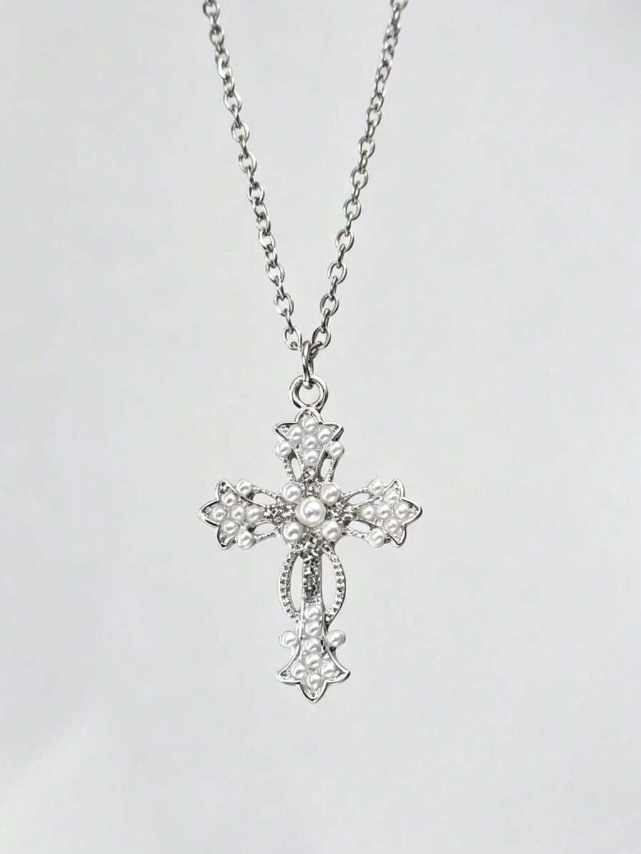 ROMWE Goth 1 pieza Collar con colgante de cruz gótica, regalo para fiesta de vacaciones, Halloween - Plateado - Ver 1