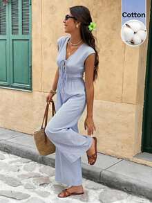 SHEIN Frenchy Women's Blue And White Stripe Vacation Versatile Tie-Waist Loose Jumpsuit Summer Tropical Casual - Blue and White - View 4