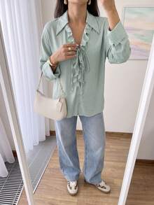 Solavon Women's Solid Color Casual Versatile Daily Long Sleeve Shirt - Blue - View 2