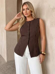 Auralis Plus Size Women Metal Starfish Decor Round Neck Sleeveless Jacket In Fall/Winter - Brown - View 1