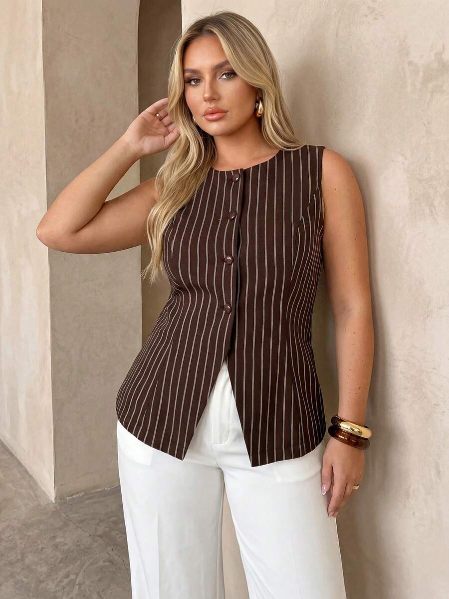 Auralis Plus Size Women Metal Starfish Decor Round Neck Sleeveless Jacket In Fall/Winter - Brown - View 1