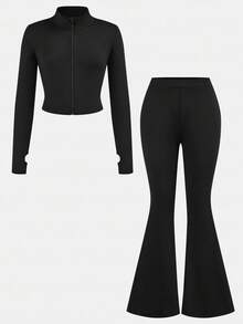SHEIN Girlism Tween Girl NovaGlow 少女運動休閒日常針織素色開襟外套與喇叭褲套裝 - 黑色 - 查看 2