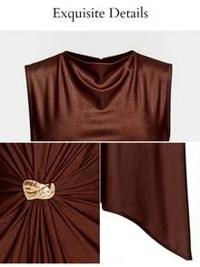 SOLERSUN Plus Size Women Solid Color Elastic Waist Pleated Asymmetric Elegant Dress, Suitable For All Seasons - Coffee Brown - View 9
