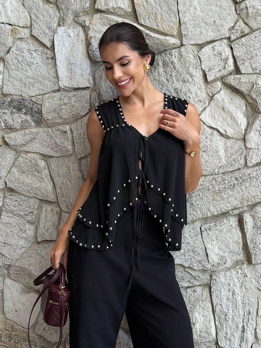 Yohana Edit Elegant Black And White Summer Shirt,Ruffled Decor,Rivet Front Tie Lady Top For Birthday Party,Holiday,Beach Resort,College Graduation Casual Wear