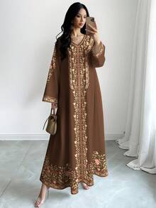 SHEIN Najma 女款花卉植物數位印花時尚V領長袖春秋優雅阿拉伯風大尺碼洋裝 - 彩色 - 查看 1