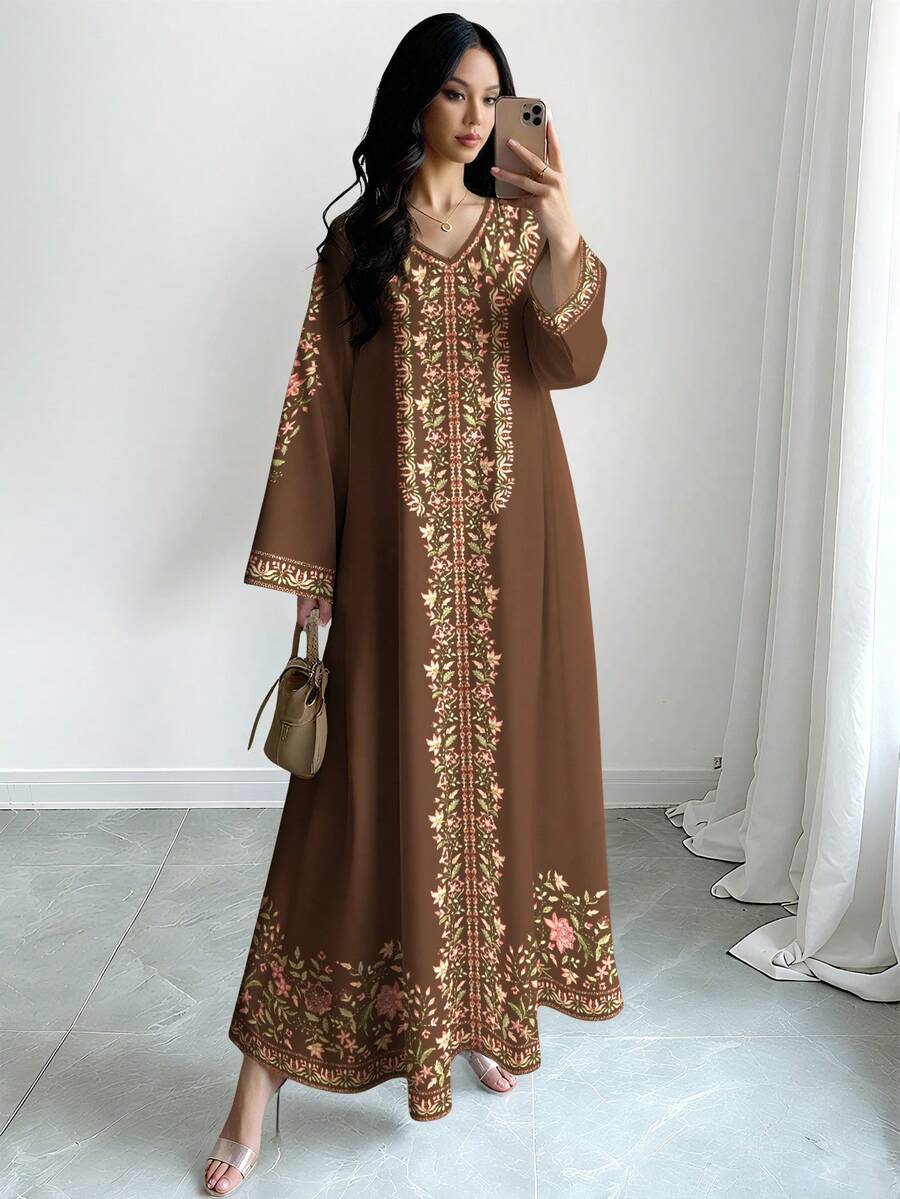 SHEIN Najma 女款花卉植物數位印花時尚V領長袖春秋優雅阿拉伯風大尺碼洋裝 - 彩色 - 查看 1